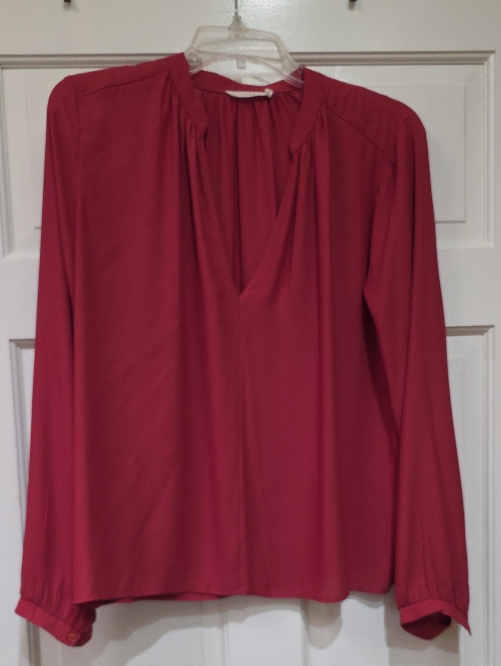 Lush Rose-Red Long-Sleeve V-Neck Blouse